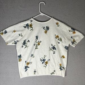 Bash Women’s Size L Short Sleeve Flora Knit Sweater‎ White Yellow Blue Cropped